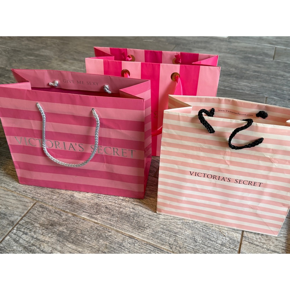 Victoria's Secret Gift Bags Set of 3 Pink Striped Lingerie Paper Bag Tote Ribbon